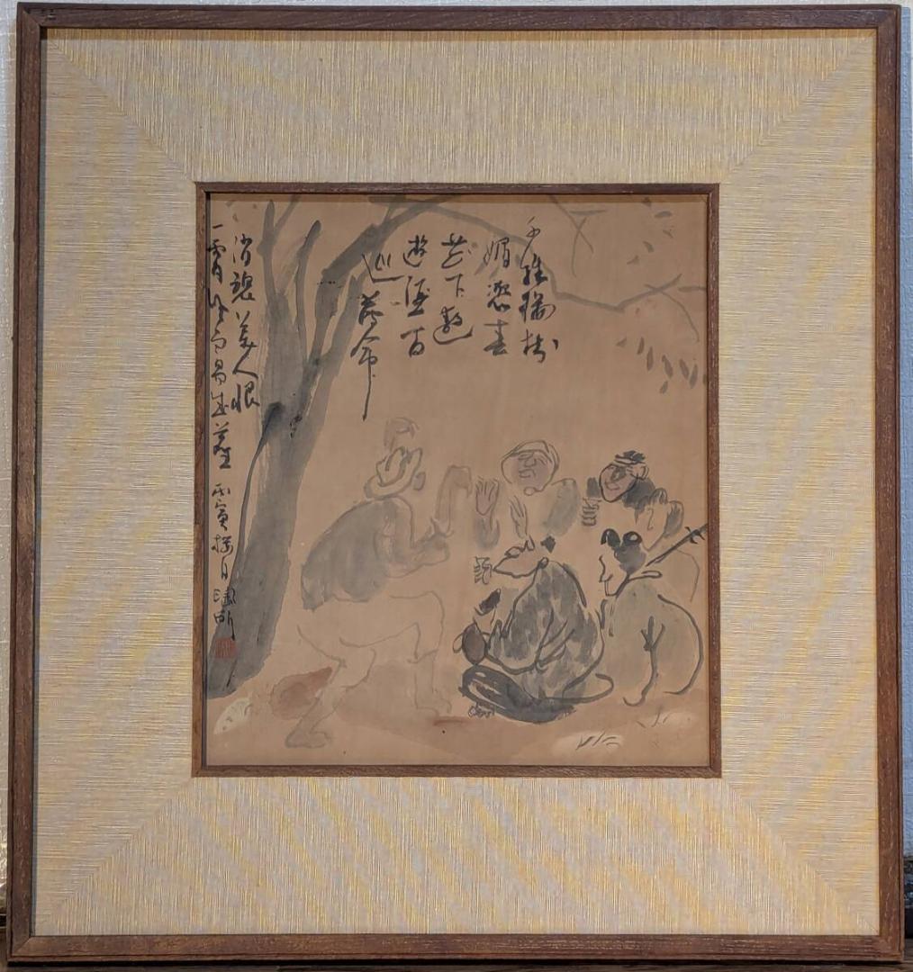 【真作】絵画　日本画（色紙）　酒席の賑わい　文人墨彩画　漢詩と人物群像　Y74