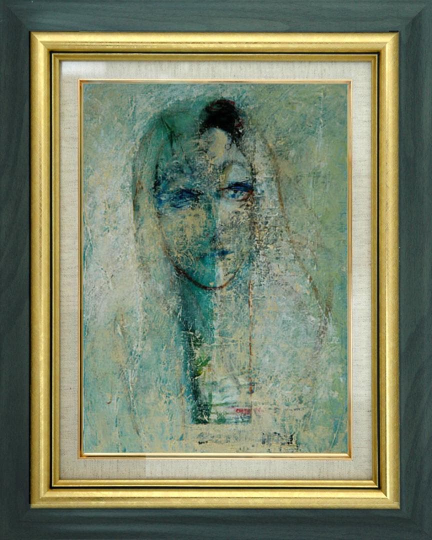 油絵 菅家令子 絵 絵画インテリア額付(青緑＋金色の枠)F4-070112 女性