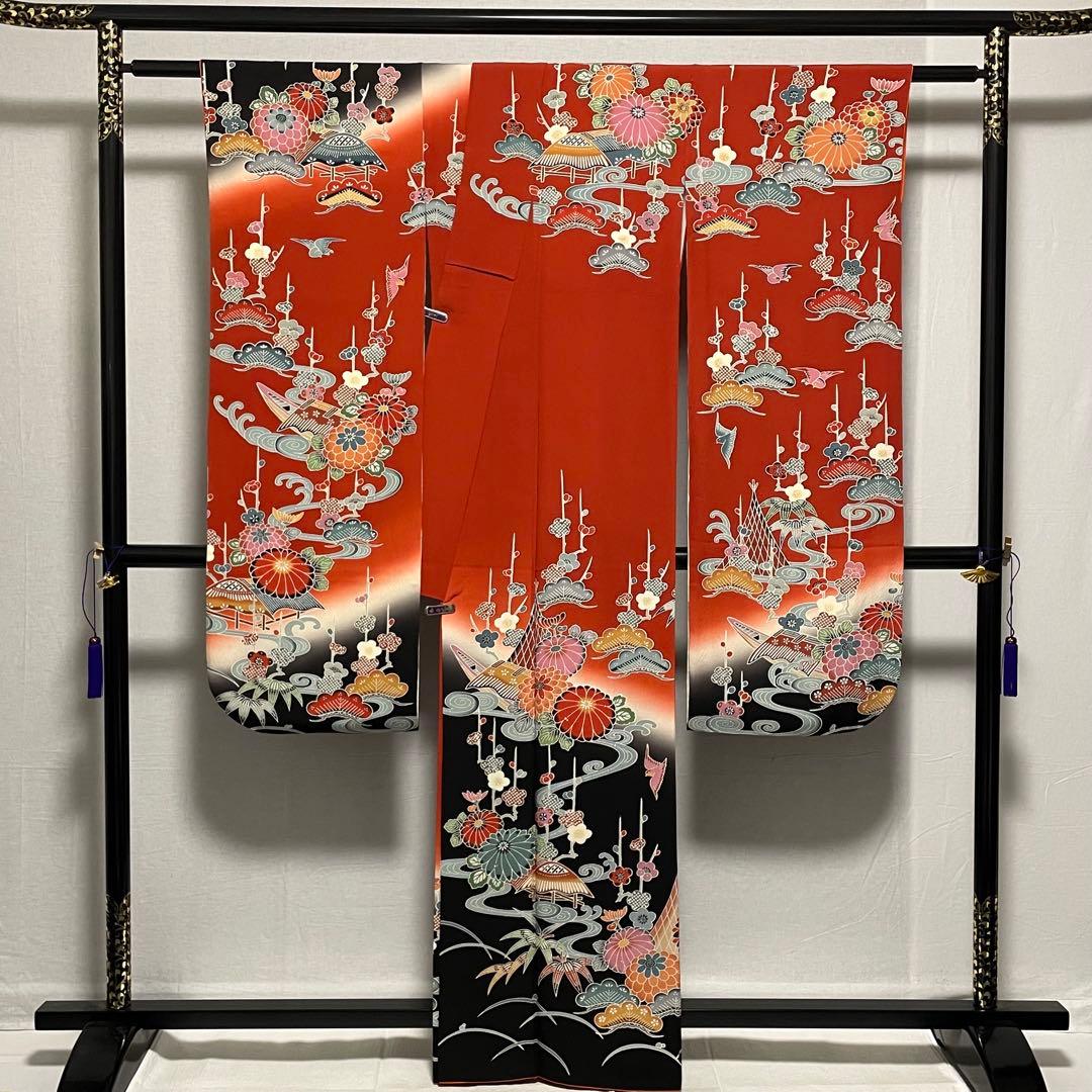 D796 振袖　紅型　正絹　着物　袷　極美品