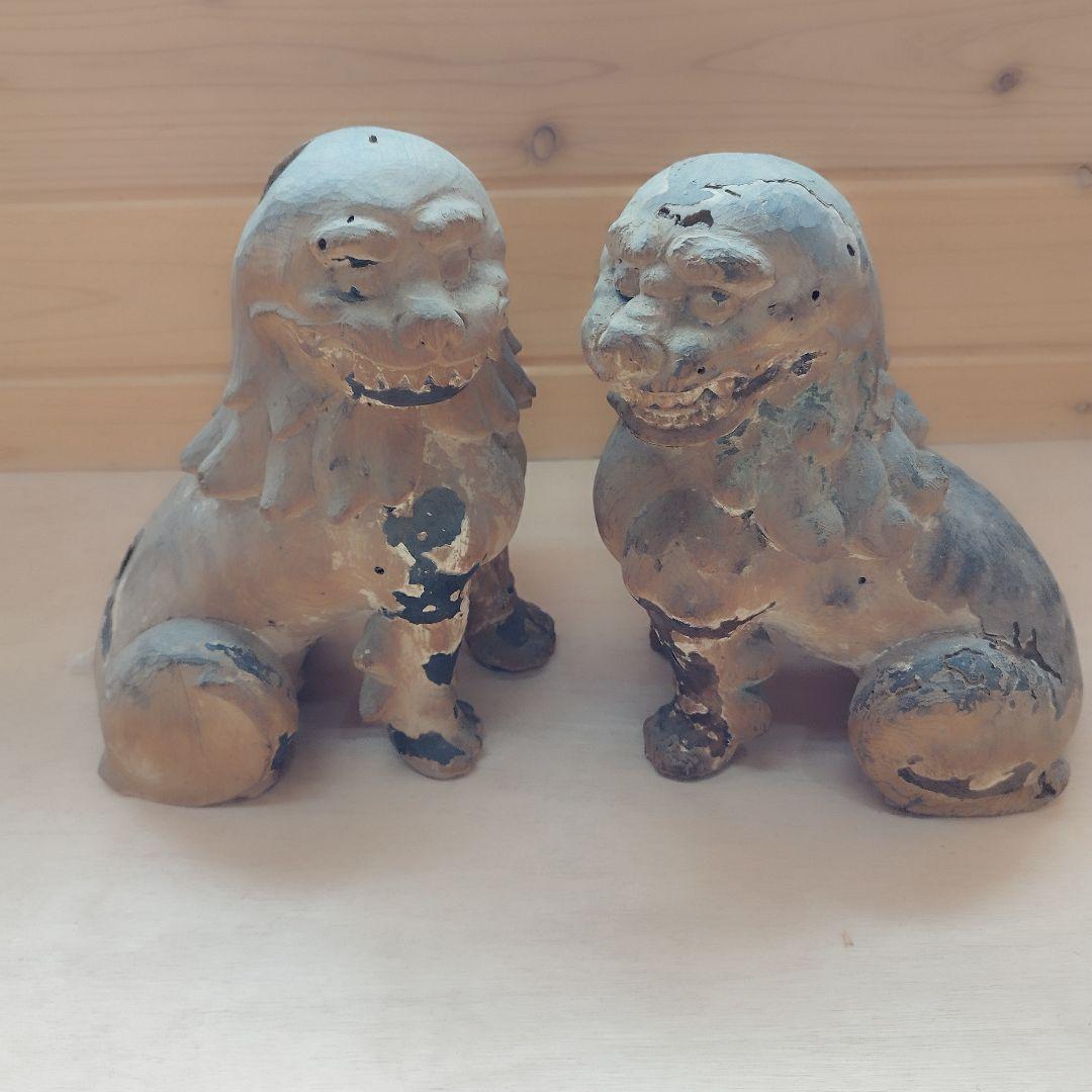 狛犬 木彫り 2体セット 江戸時代 骨董品