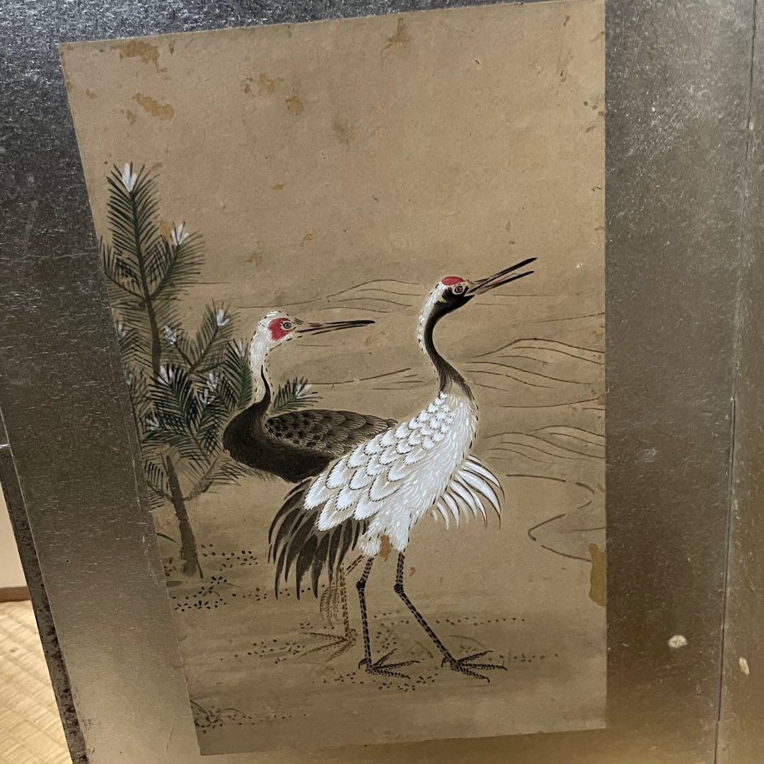 小型屏風/鶴と松/手描き屏風/6曲1双