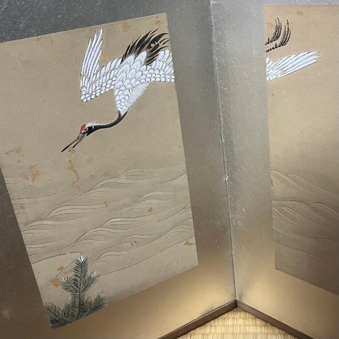 小型屏風/鶴と松/手描き屏風/6曲1双