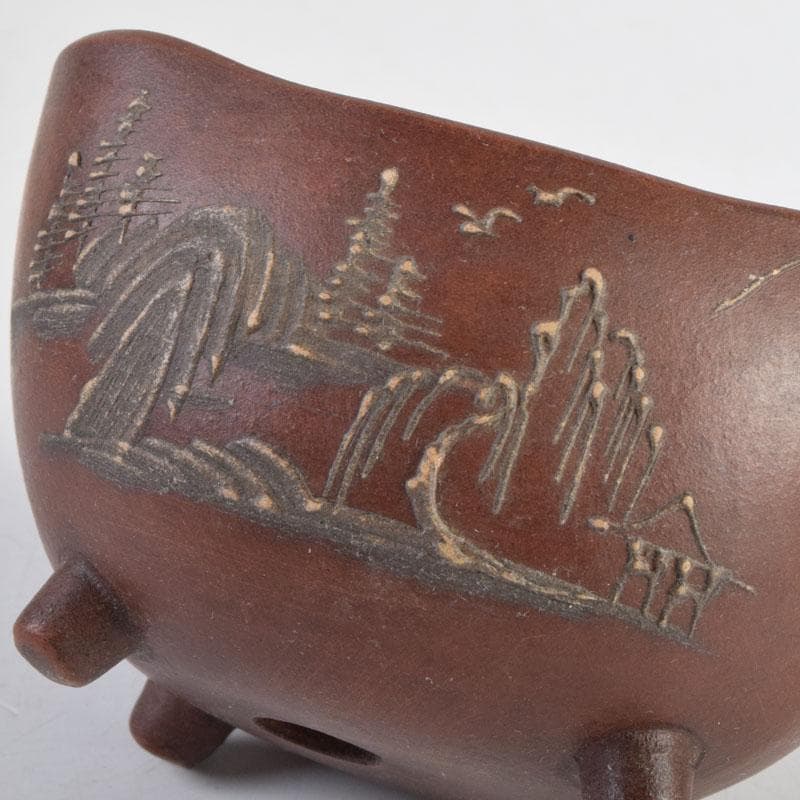 中国　鎧画軒　朱泥　漢詩山水文　鉢　4点まとめて　V　8948