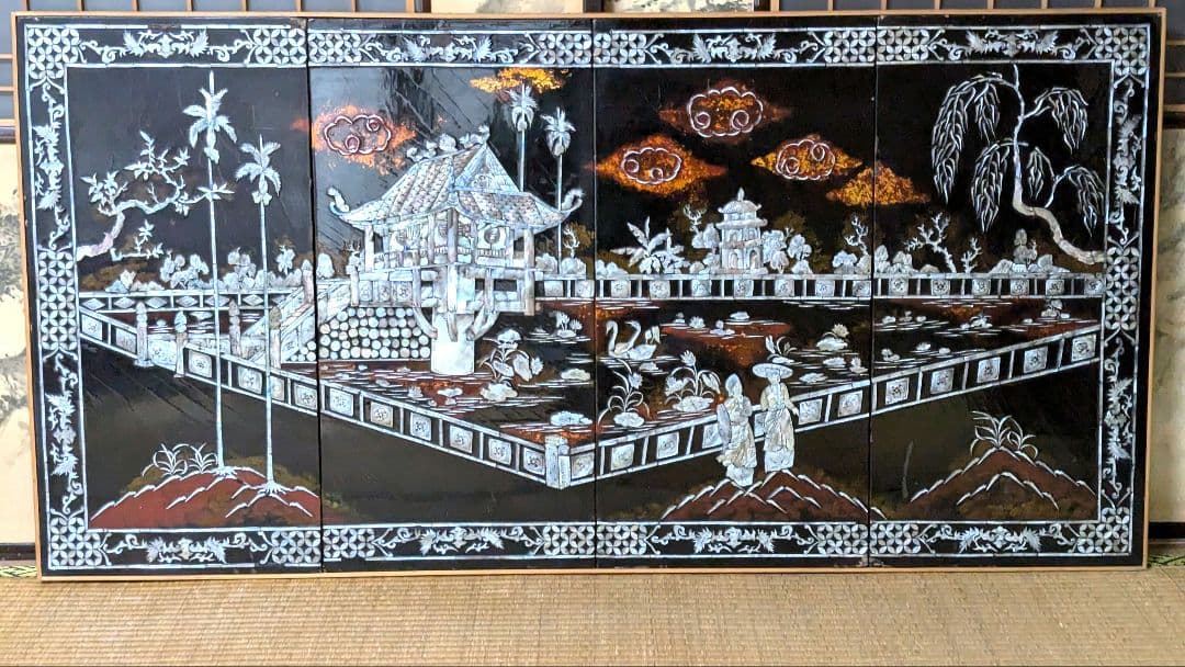 中国螺鈿絵　アンティーク　4枚組　壁掛け