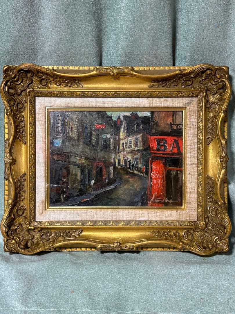 有名作家作品の気がします　外国街の街風景 油彩画 豪華デザイン額縁　絵画　美術品