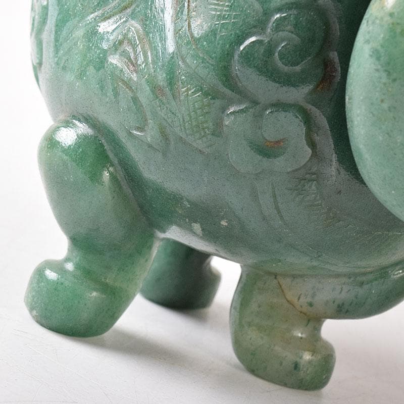 中国　玉石翡翠彫刻　雙耳活環　獅子鈕蓋爐　香炉　V　R8792