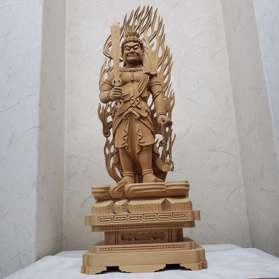 Ｂフライデー蔵出し特価極上彫り★白木材 不動明王立像１尺立★お不動さん火の鳥彫り