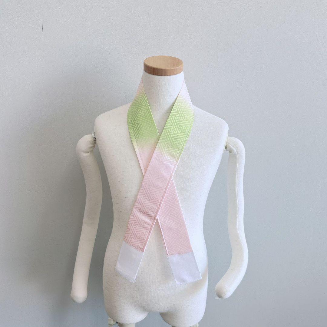 フルセット　七五三７歳女の子　赤地蝶桜　緑地袋帯　源氏車　簡単半衿　7105