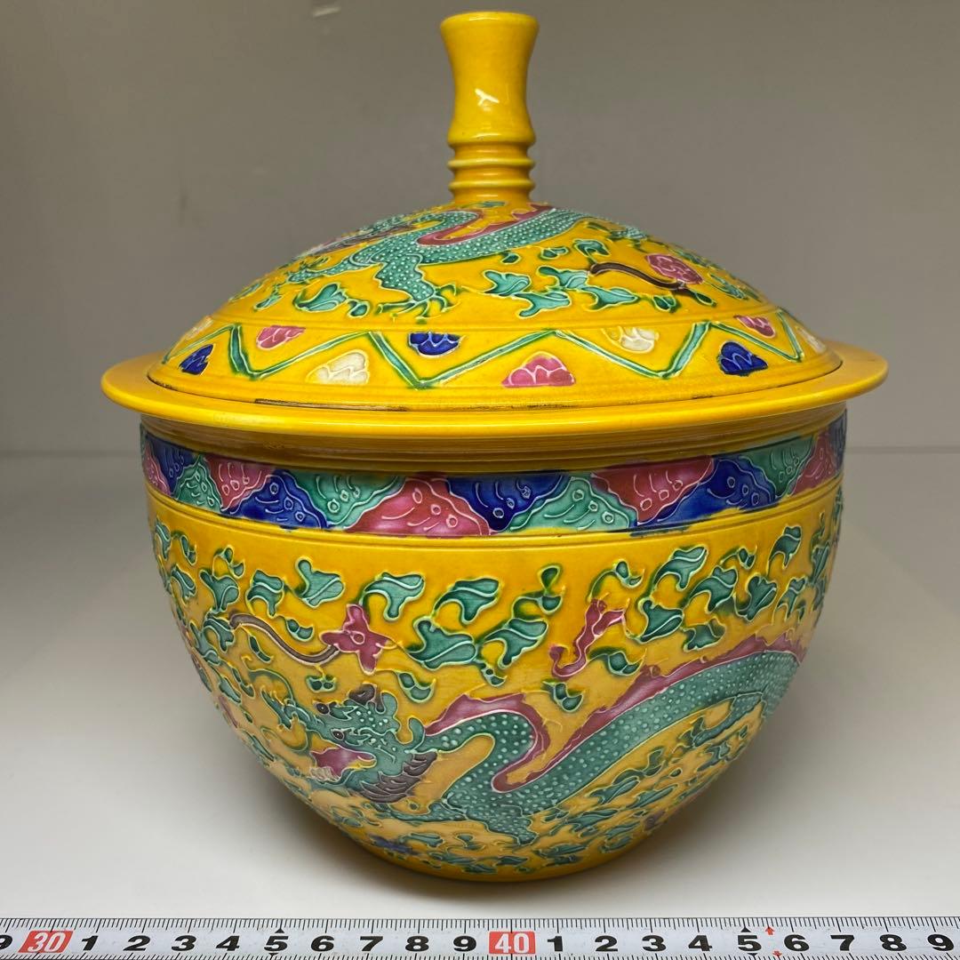 中国美術　龍図蓋物　高さ約20g㎝　東Y7-0331②タヒチ