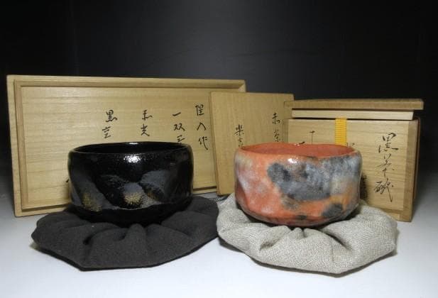 楽吉左衛門十三代 惺入 一双茶碗／二重箱／楽十四代 覚入・表千家 即中斎 極め