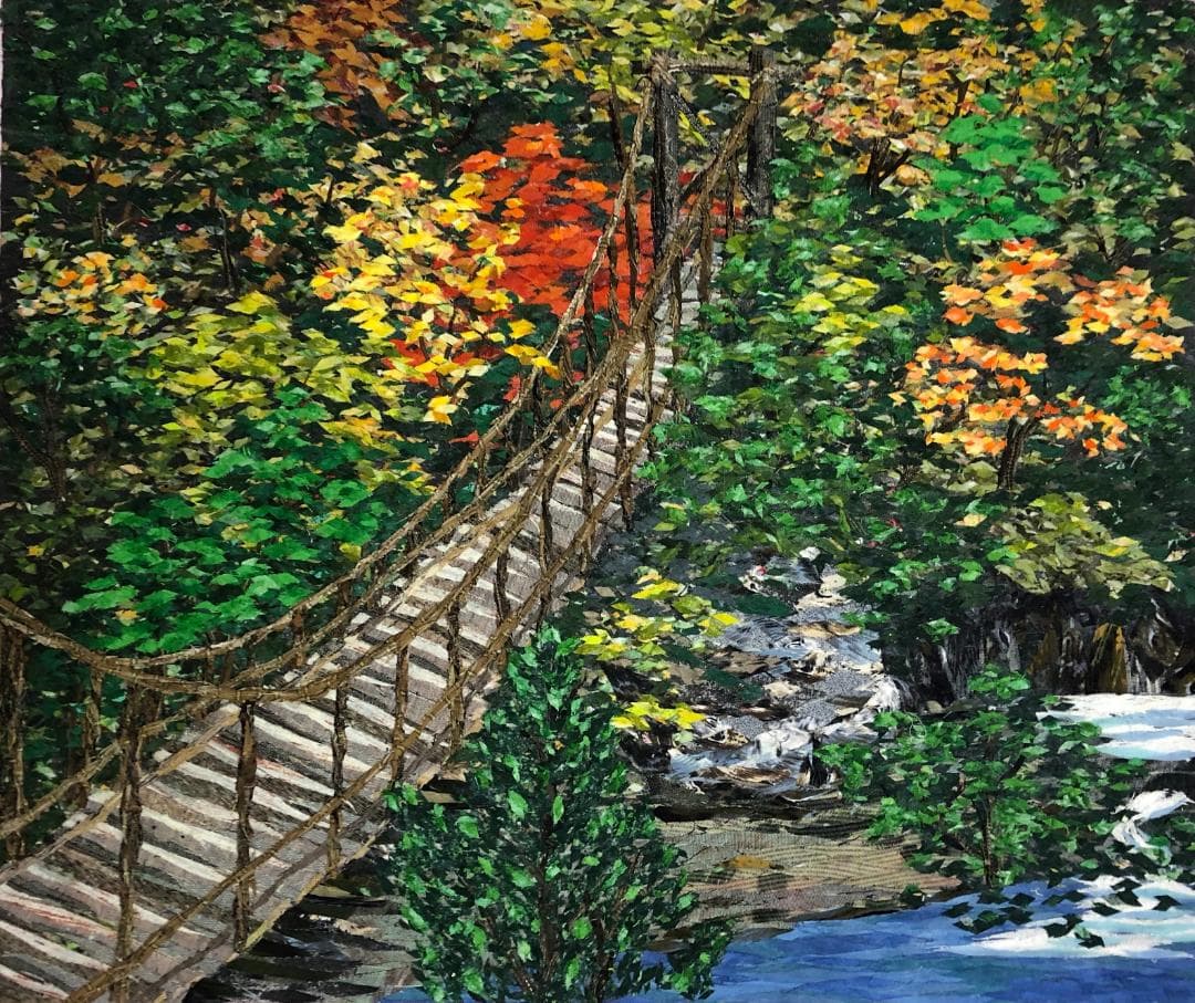 F8　つり橋　布の絵　コラージュ　アート作品